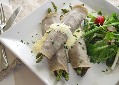 Buckwheat Crepes with Asparagus and Mornay Sauce