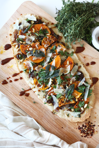 Butternut Squash, Sage, and Caramelized Onion Flatbread with Balsamic Glaze