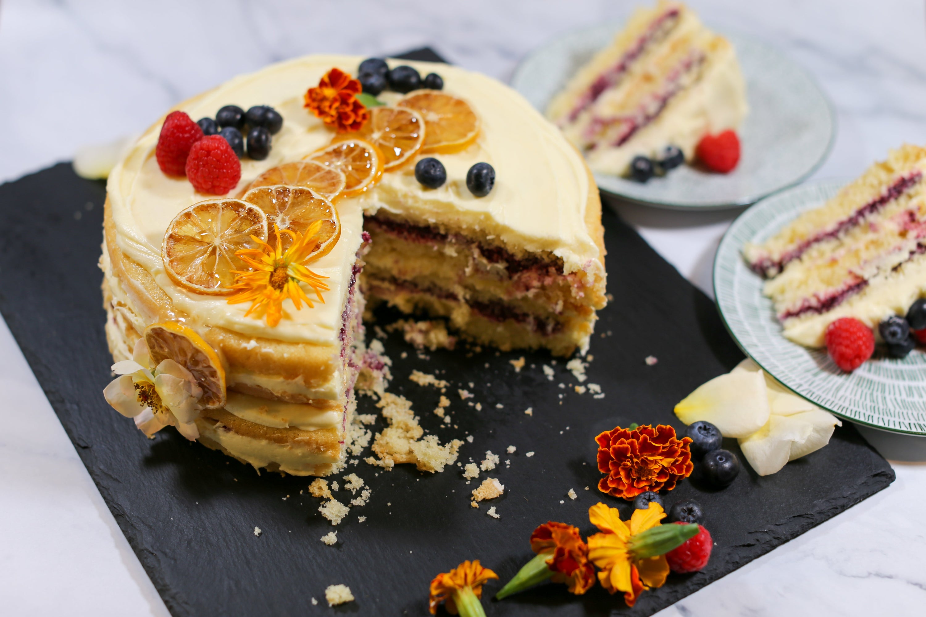 Image of the Vanilla Cake Mix with Lemon Cream Cheese Buttercream and Berry Puree Recipe