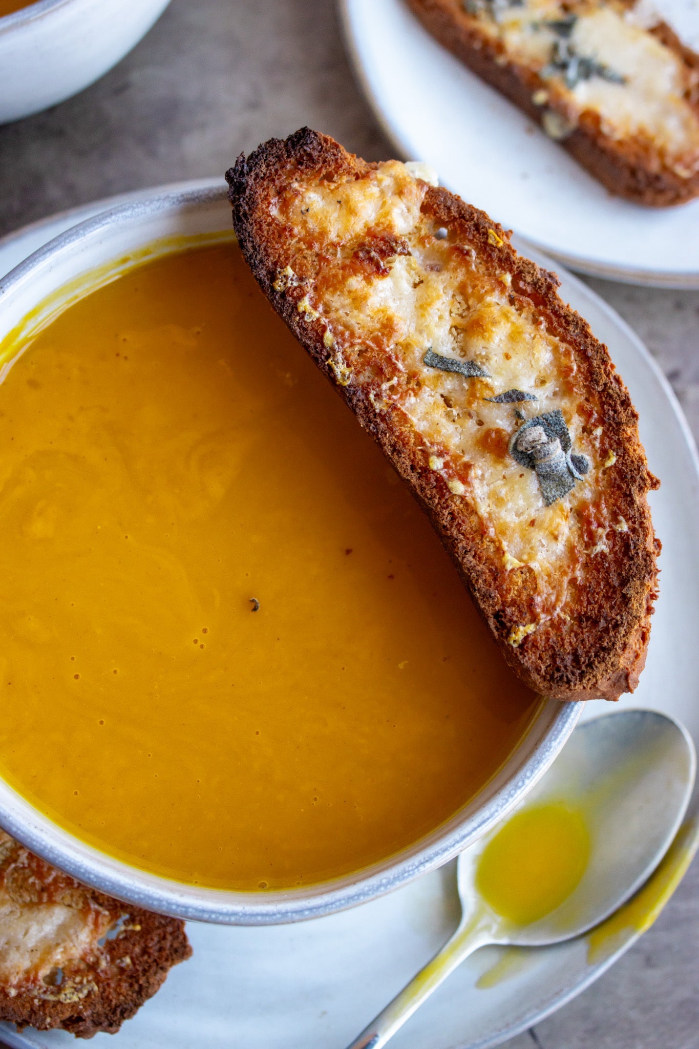 Image of the Pumpkin Soup with Sage Gruyere Crostini Recipe