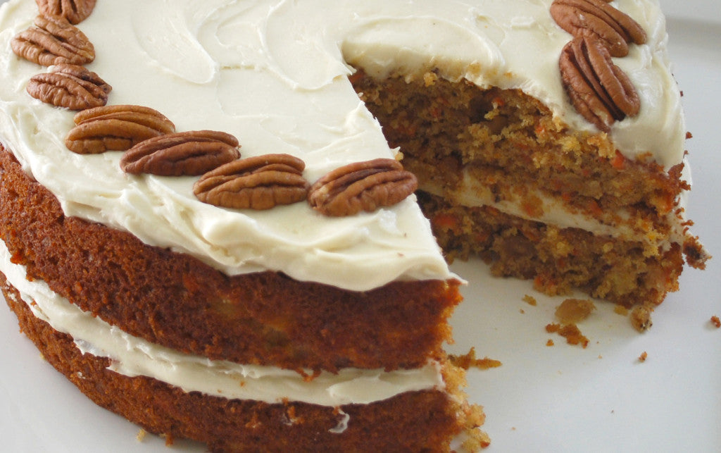 Gluten-free carrot cake made with pancake mix, topped with cream cheese frosting