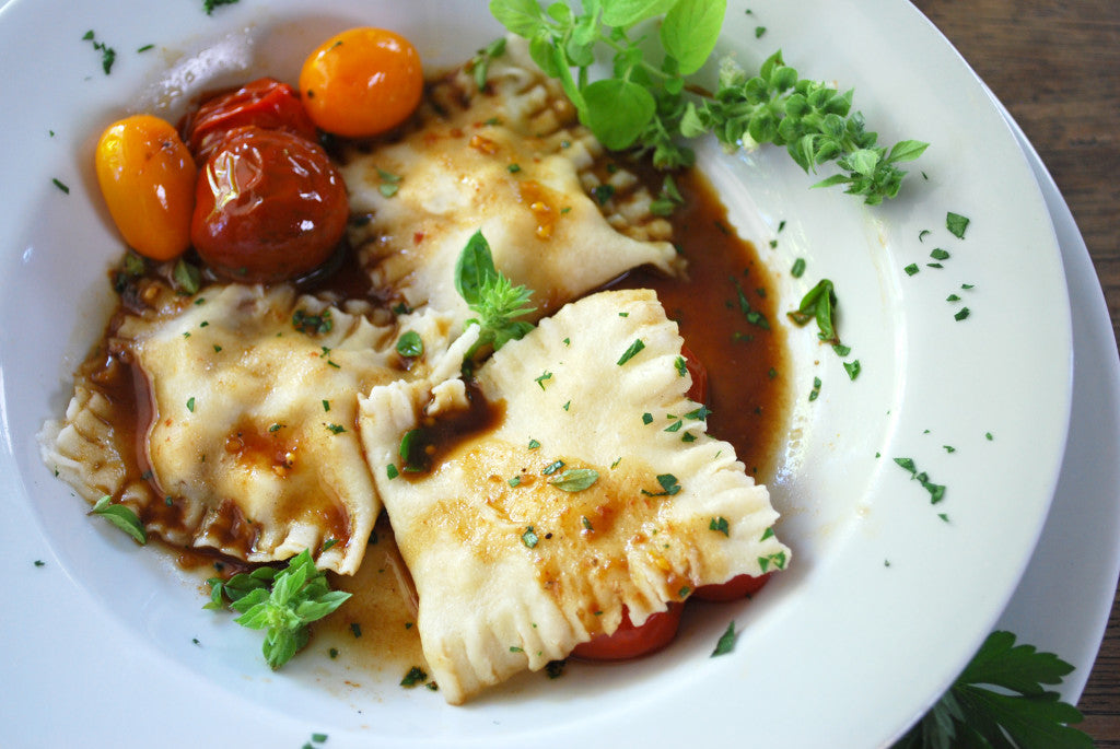Image of the Chicken and Shallot Ravioli with Balsamic Glazed Tomatoes Recipe