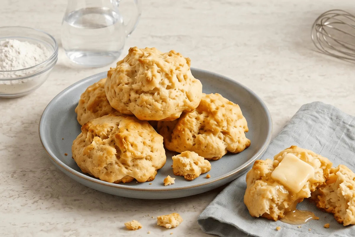 Split gluten-free biscuit with butter melting into the soft center