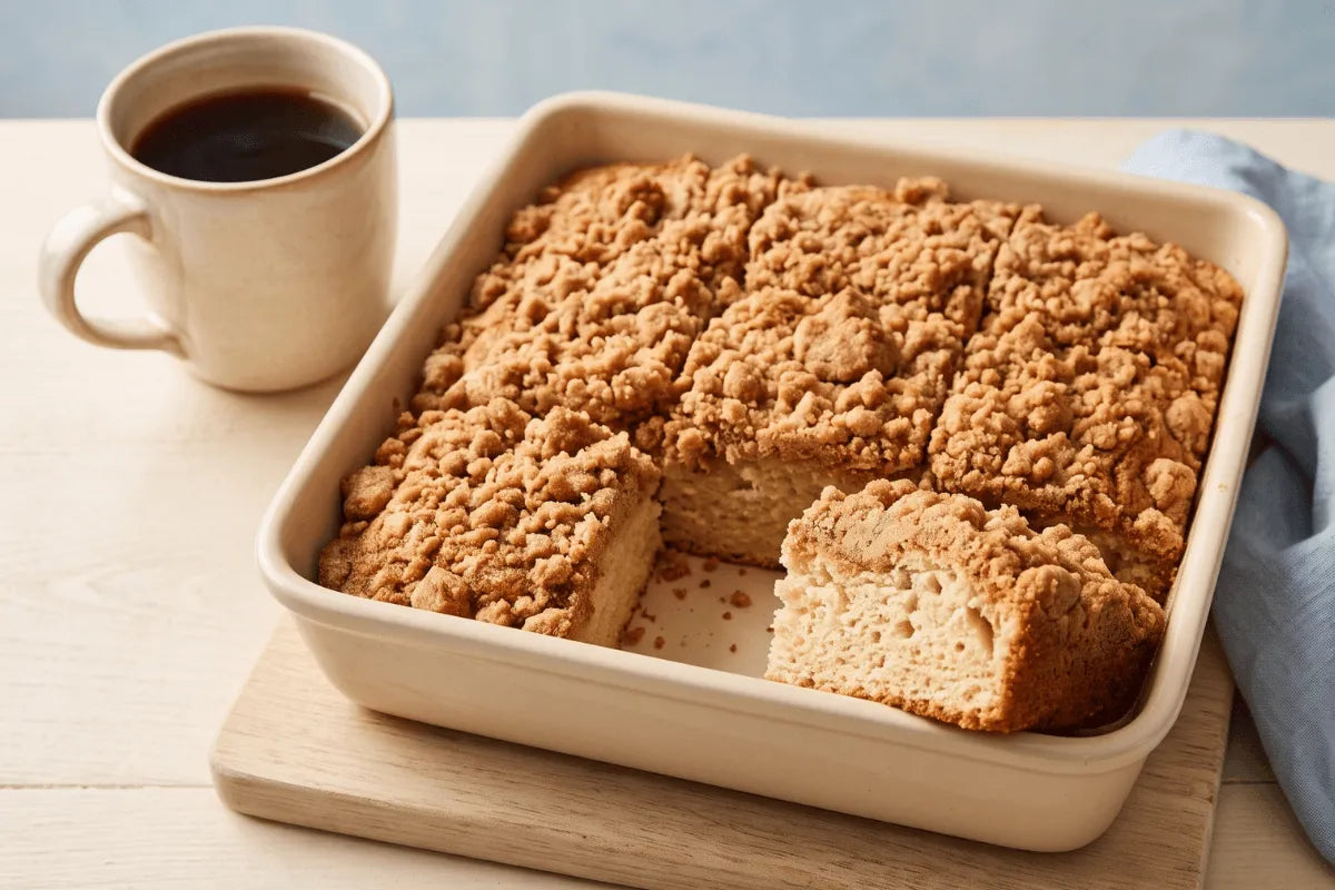 Easy gluten-free coffee cake with cinnamon streusel topping cut into squares