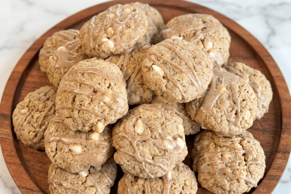 Gluten-free apple cookies with white chocolate chips and cinnamon glaze on a wooden board