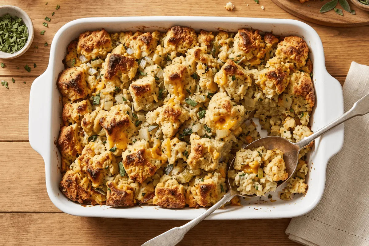 Gluten-free stuffing made with cheddar biscuits in a baking dish