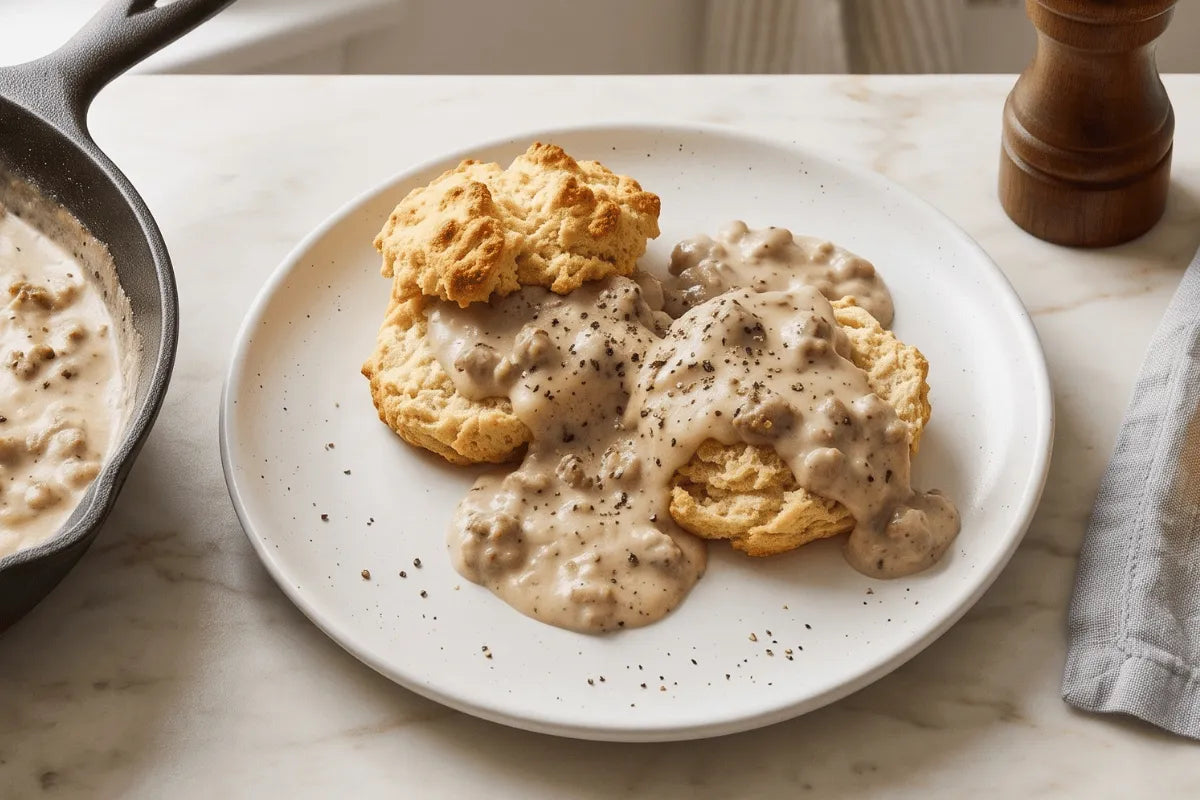 Gluten-free biscuits and sausage gravy on a white plate