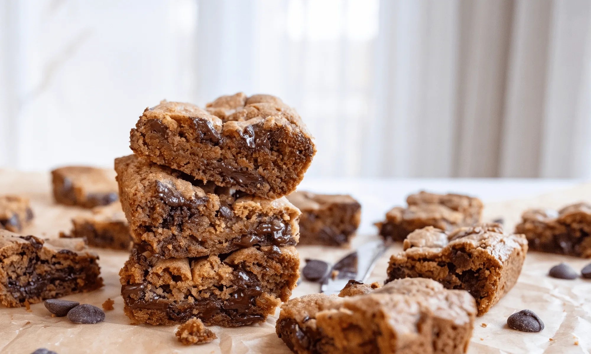 Chewy gluten-free blondies cut into squares and stacked on parchment