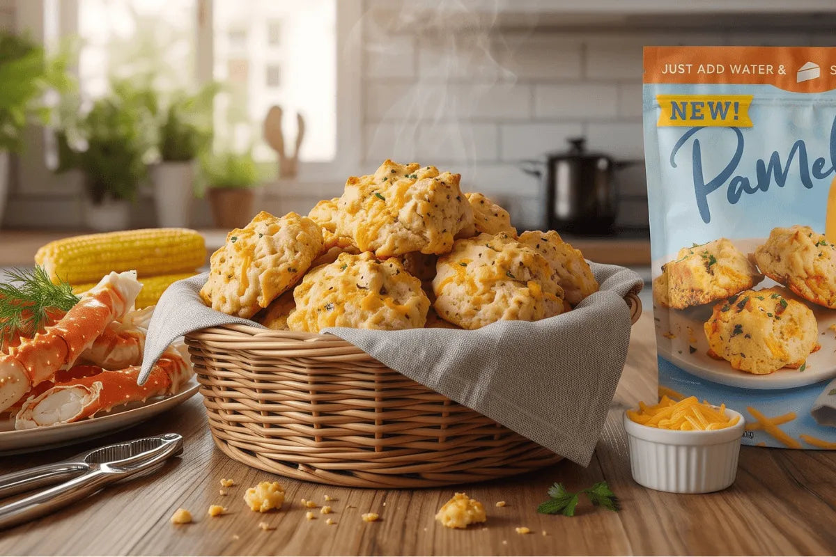 Golden gluten-free cheddar garlic biscuits brushed with garlic butter