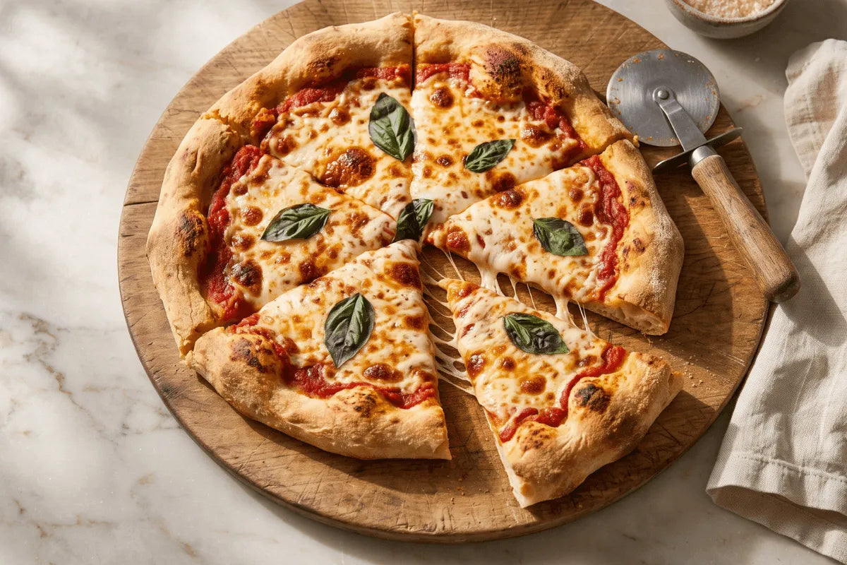 Chewy gluten-free pizza crust topped with sauce and melted cheese