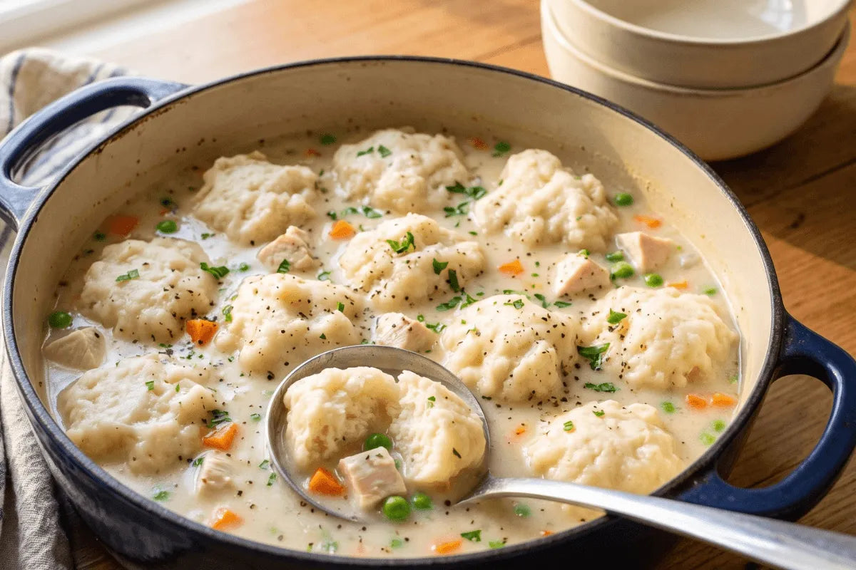 Gluten-free chicken and dumplings in a Dutch oven with soft drop dumplings and a creamy broth