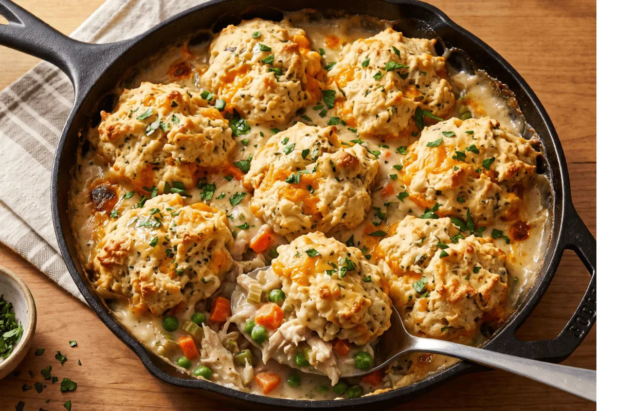 Gluten-free chicken pot pie with golden cheddar garlic biscuits baked on top in a skillet
