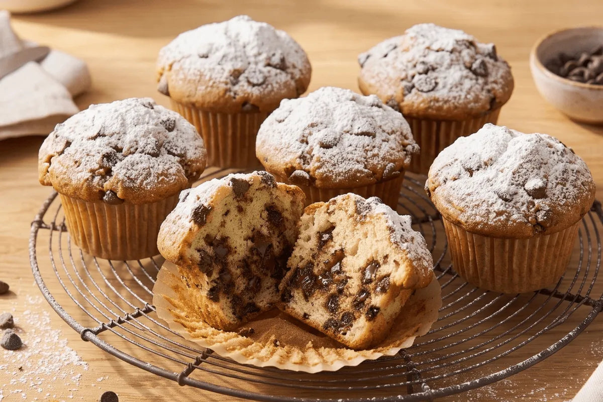 Gluten-free chocolate chip muffins cooling on a wire rack