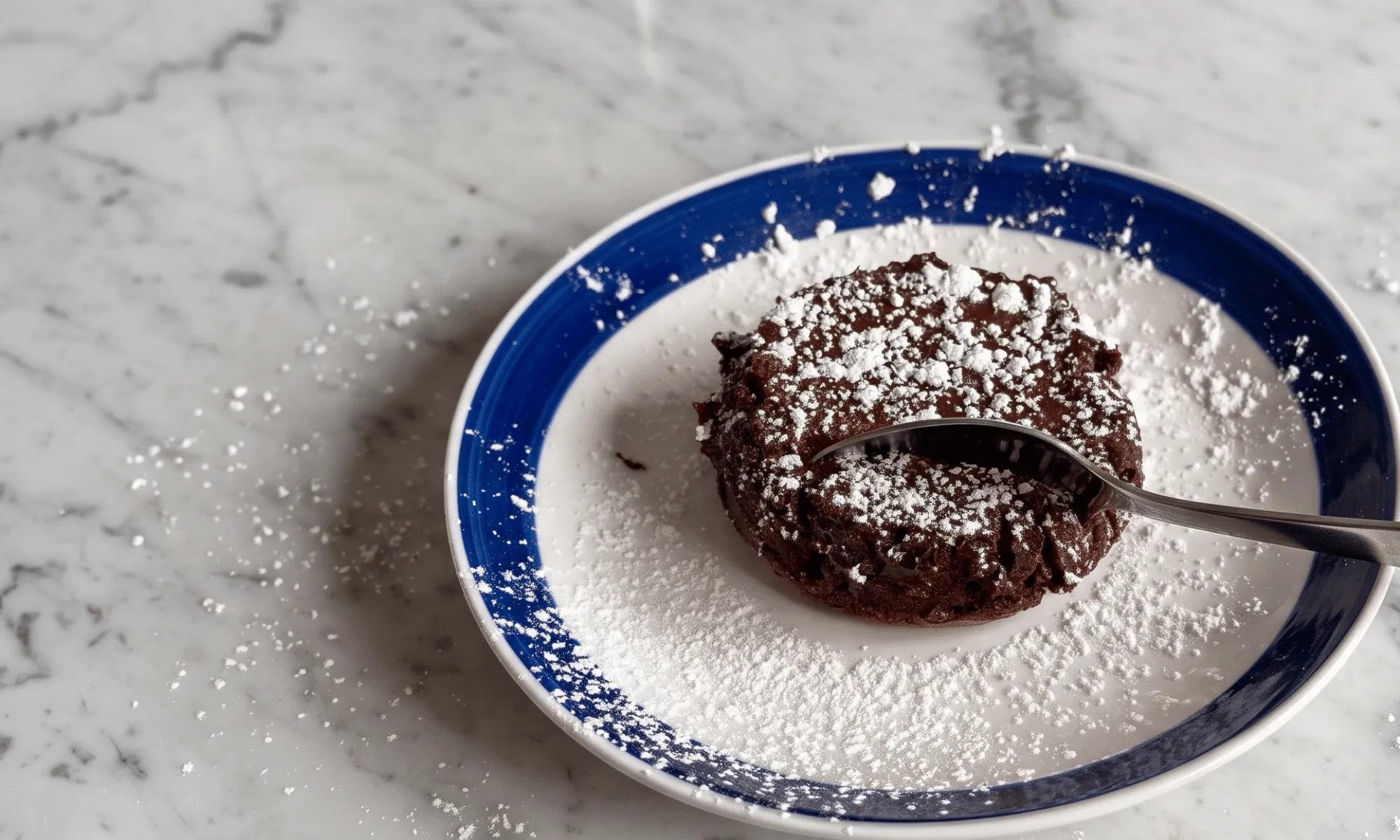Gluten-free chocolate lava cake with a molten center running onto the plate