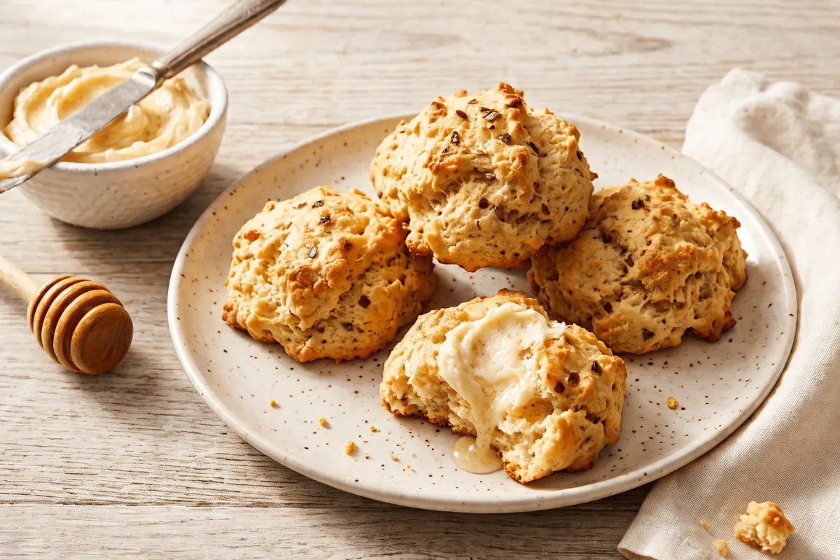 Gluten-free hot honey biscuits split and spread with whipped honey butter