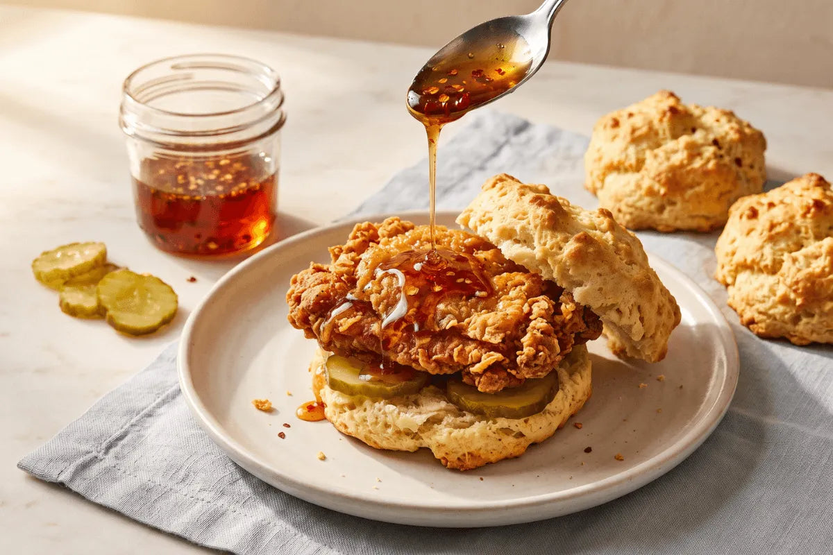 Gluten-free hot honey chicken biscuit with crispy chicken and pickles