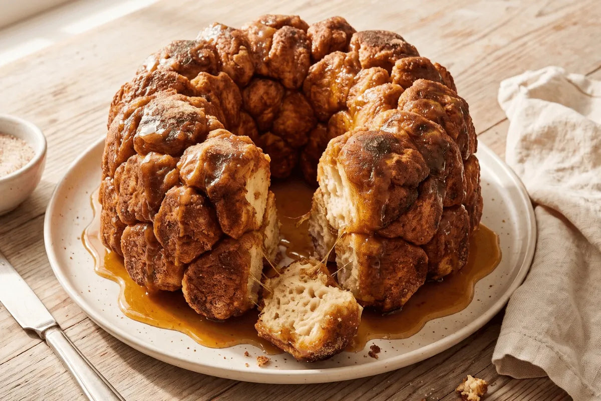 Gluten-free monkey bread turned out of a bundt pan with caramel running down the sides
