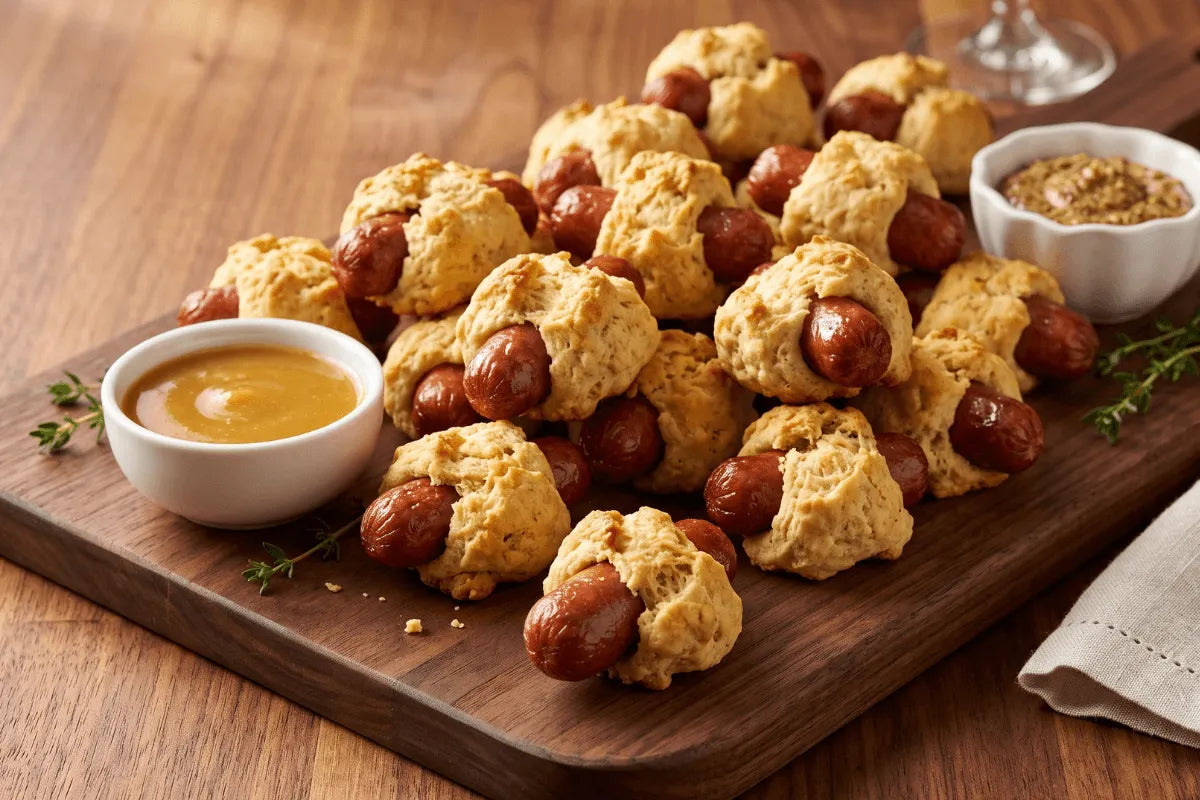 Gluten-free pigs in a blanket on a serving board with honey mustard dip