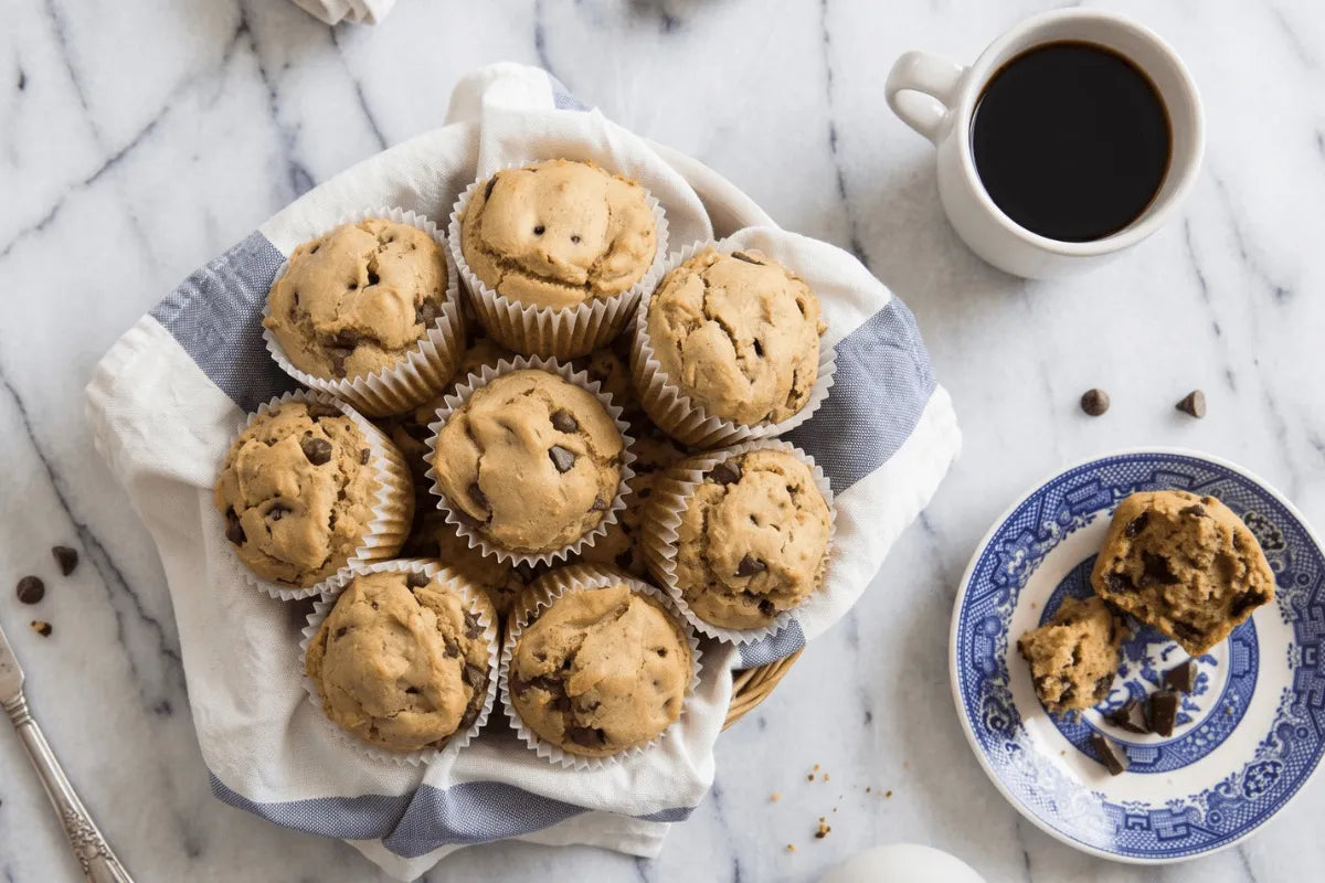 Protein-packed gluten-free chocolate chip muffins placed in a serving basket