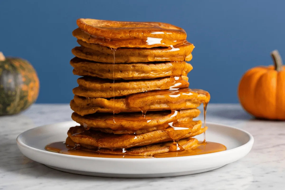 Stack of gluten-free pumpkin pancakes with butter pecan syrup pouring over