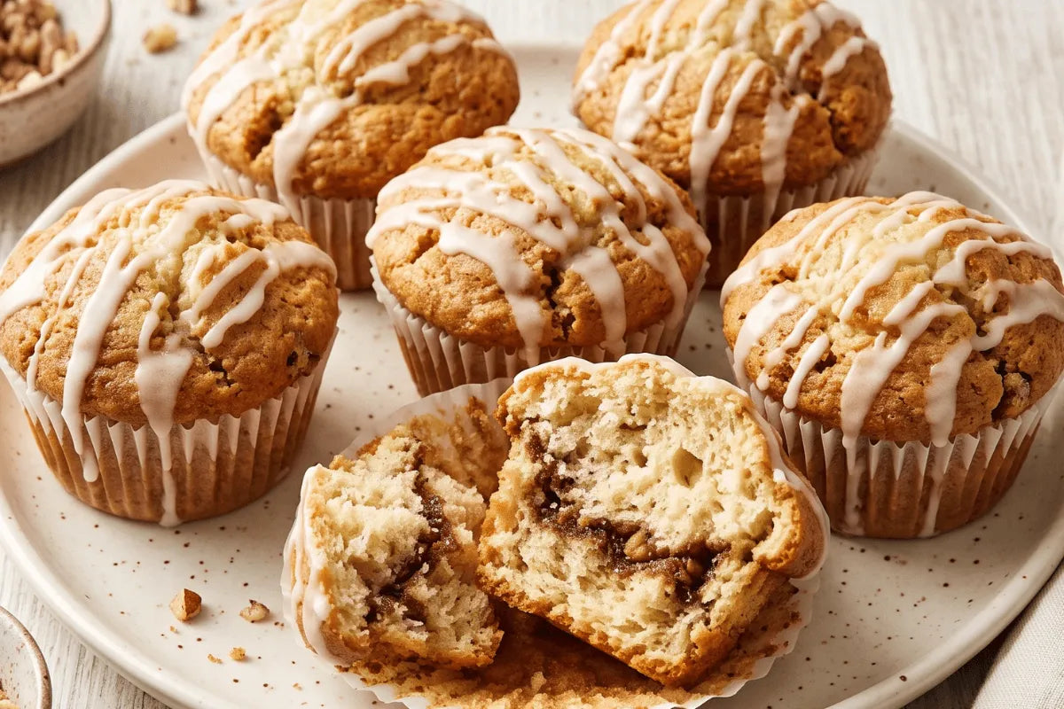 Gluten-free coffee cake muffins with a cinnamon nut ribbon and vanilla glaze