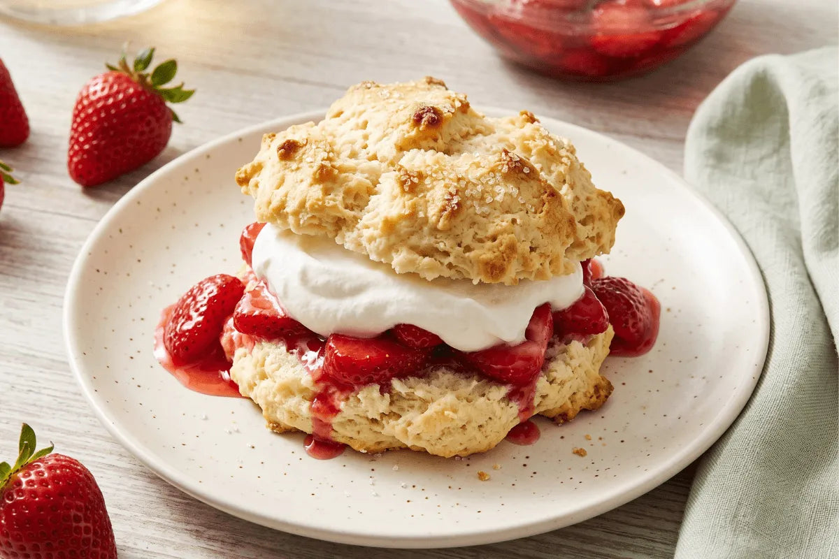 Gluten-free strawberry shortcake biscuits with macerated berries and cream
