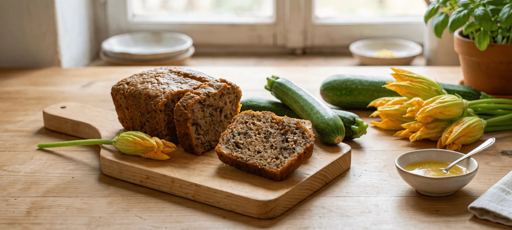 Sliced loaf of moist gluten-free zucchini bread on a wooden board