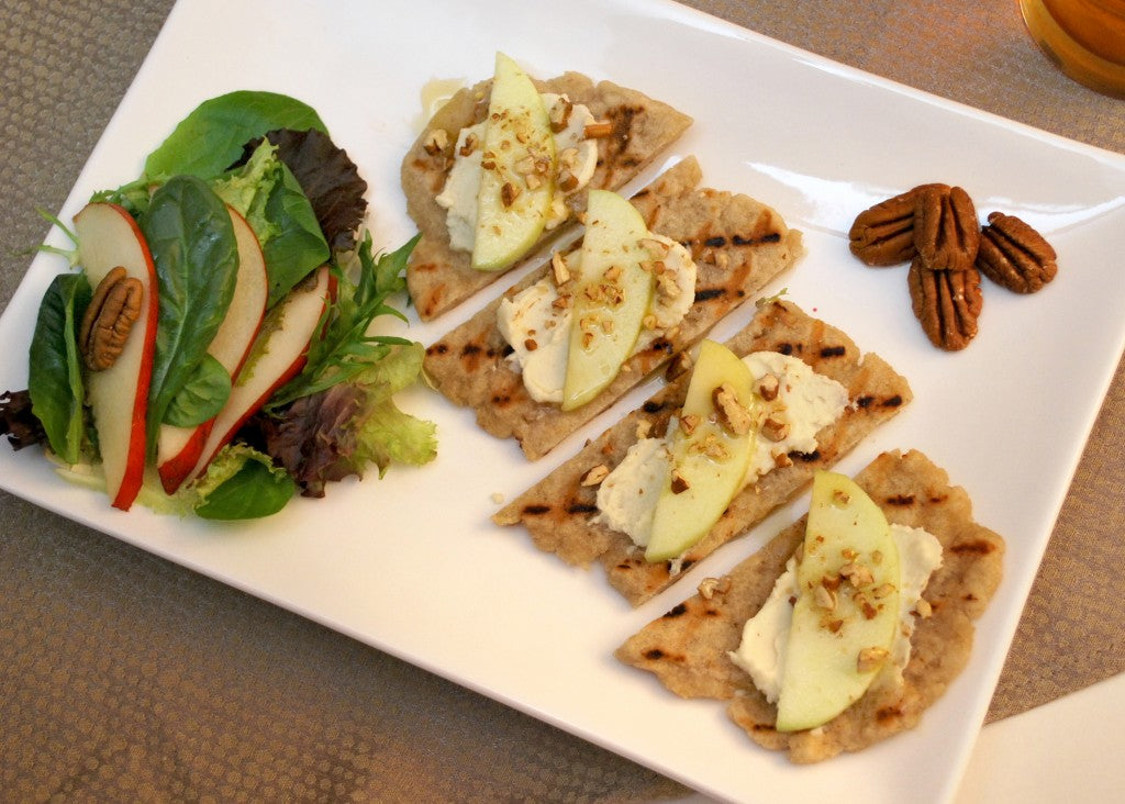 Image of the Grilled Flatbreads with Goat Cheese, Apples, Pecans, and Honey Recipe