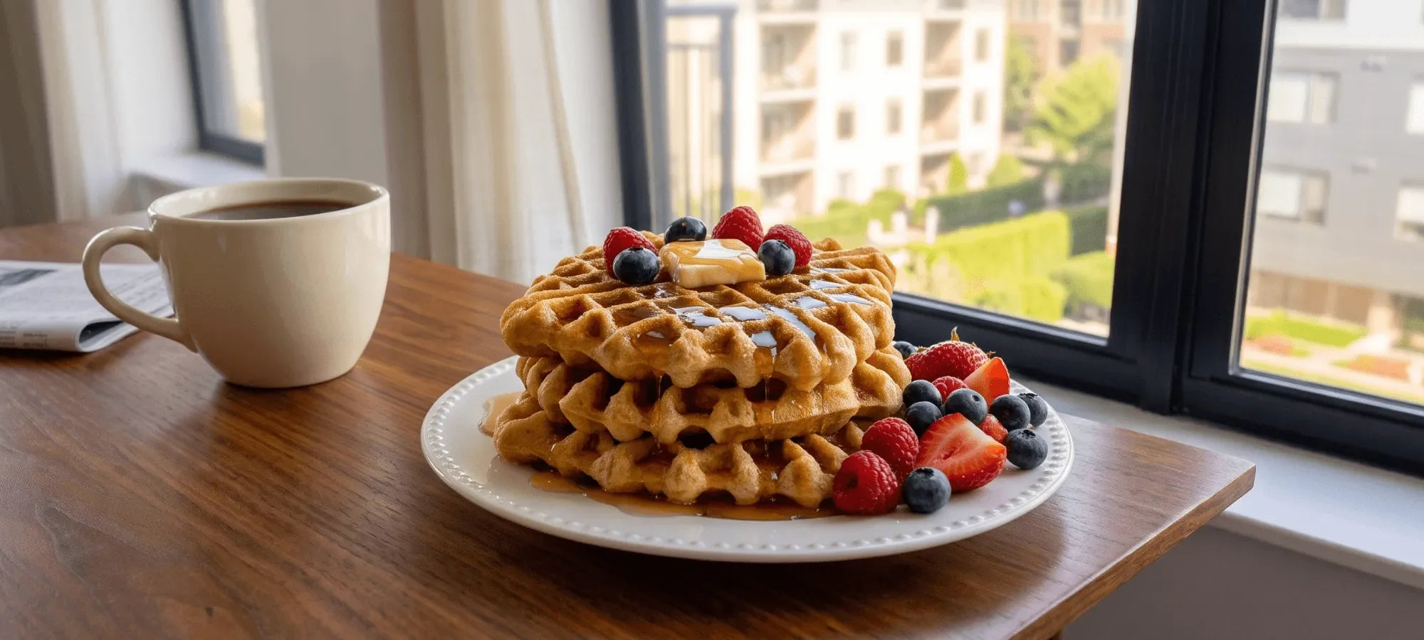 Stack of high-protein gluten-free waffles topped with berries