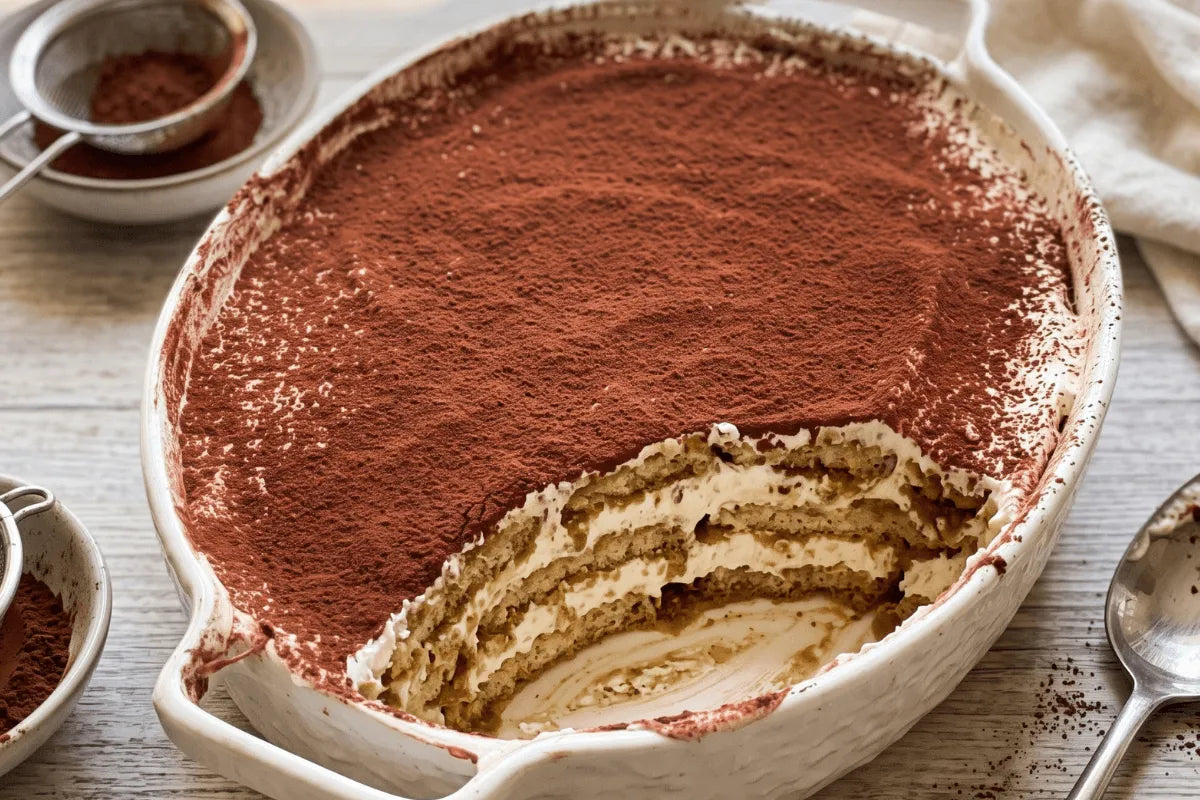 Layers of coffee-soaked gluten-free honey grahams and whipped cream dusted with cocoa