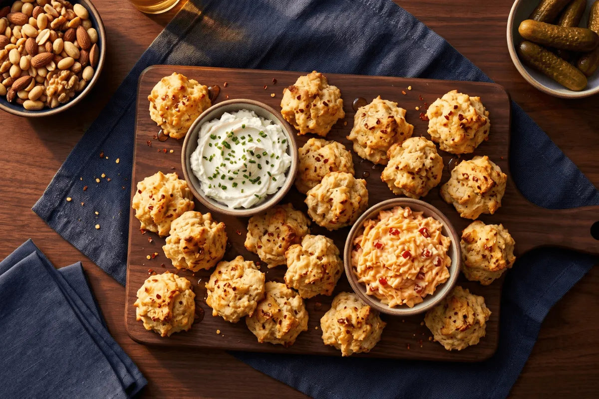 Party tray of gluten-free mini hot honey biscuit bites with two dips