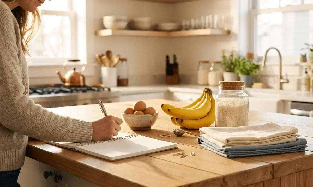 woman writing checklist in gluten-free kitchen