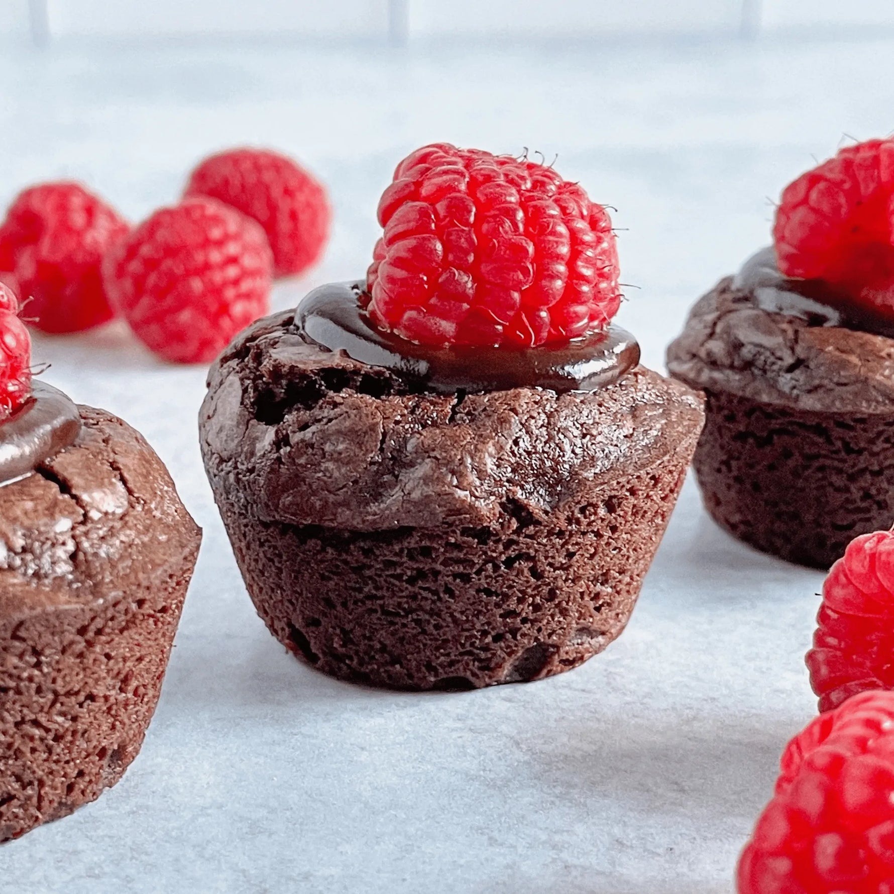 Chocolate dessert bites with raspberries on a light background