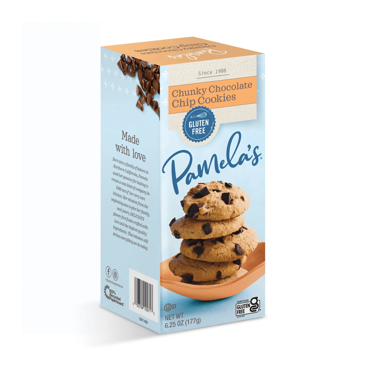 Box of Pamela's Chunky Chocolate Chip Cookies on a white background