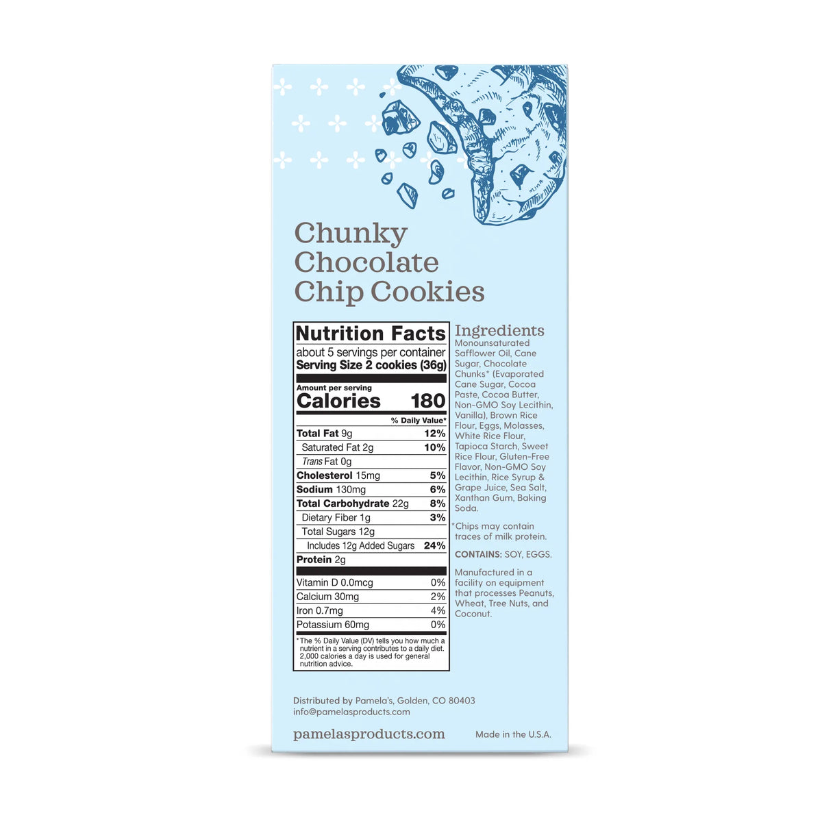 Box of Chunky Chocolate Chip Cookies with nutrition facts label on a white background
