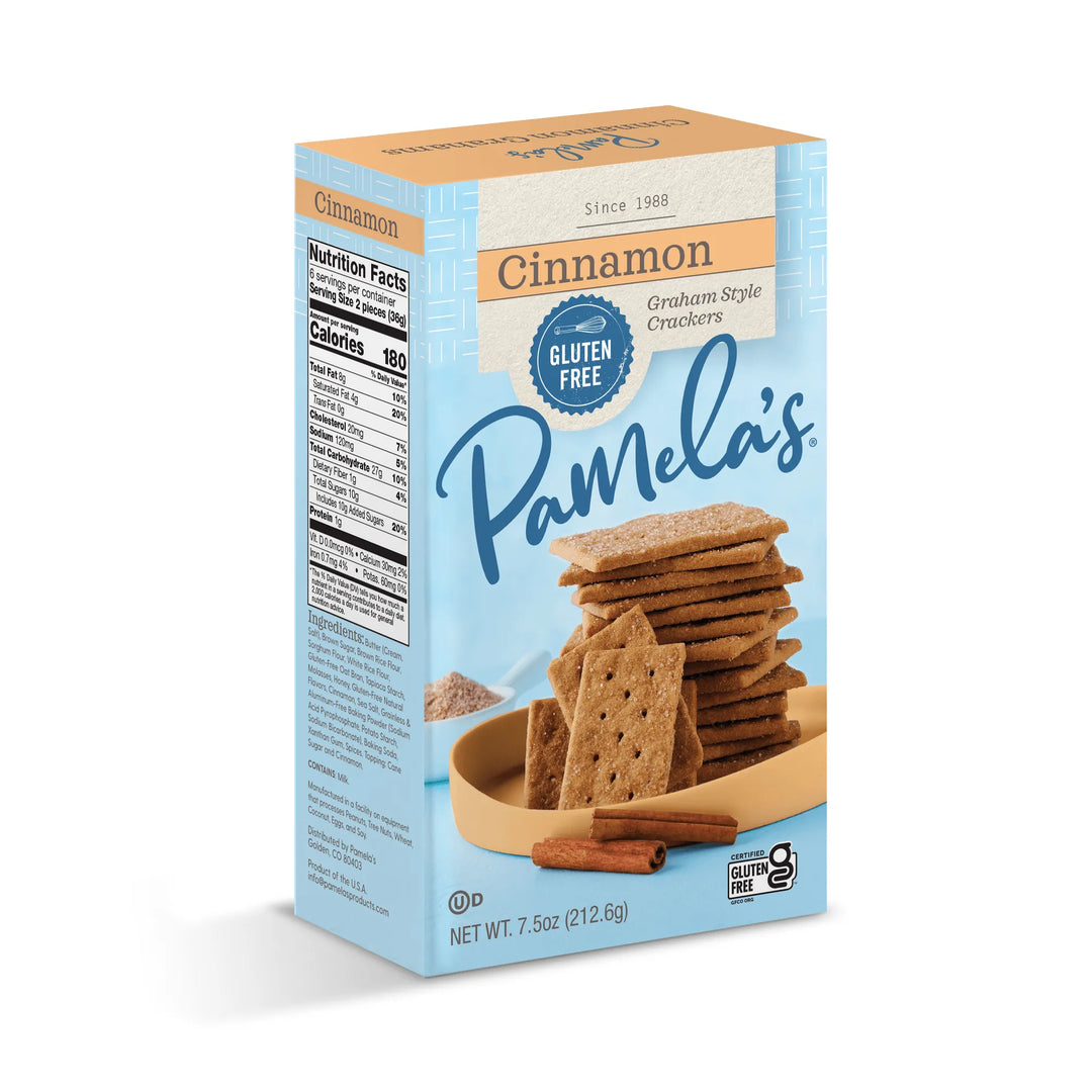 Box of Pamela's Cinnamon Graham Style Crackers on a white background