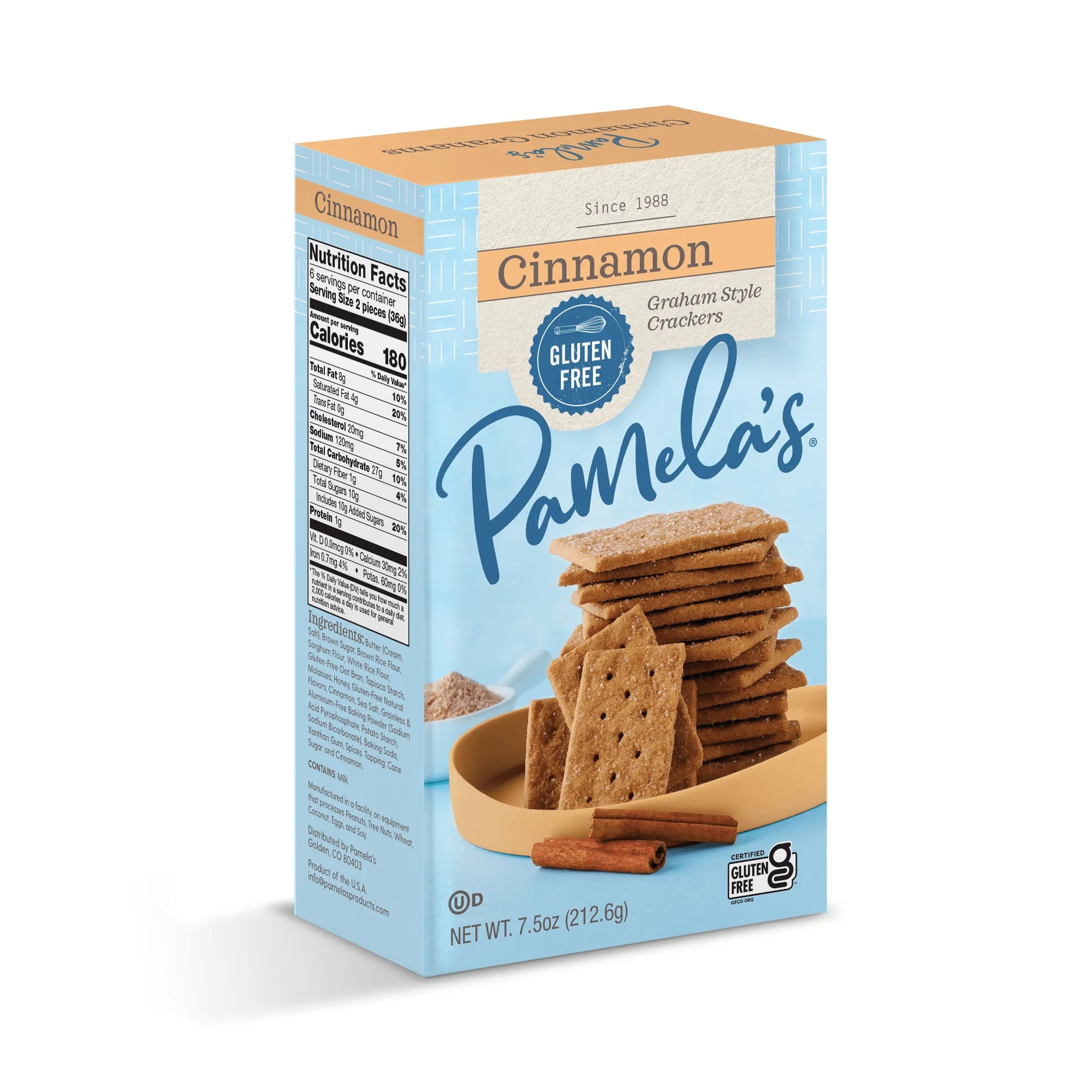Box of Pamela's Cinnamon Graham Style Crackers on a white background