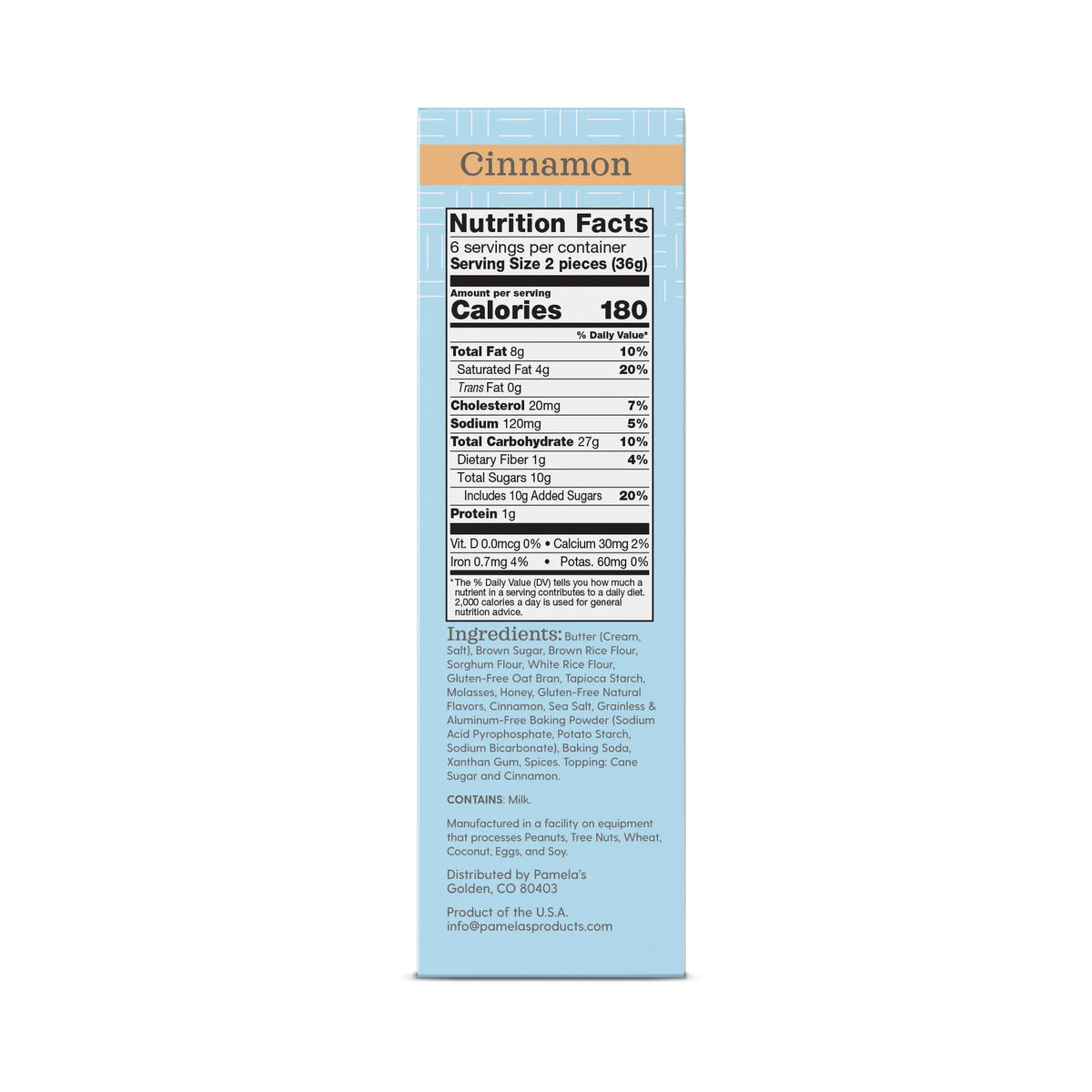 Nutrition facts label for cinnamon-flavored product on a white background
