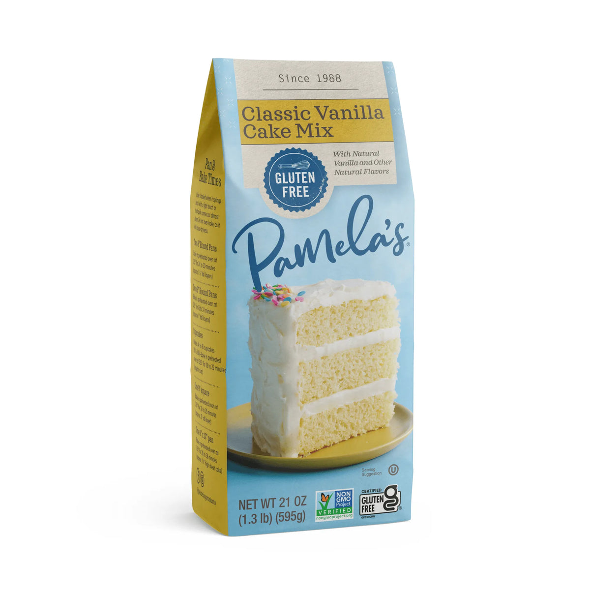 Pamela's Classic Vanilla Cake Mix packaging on a white background