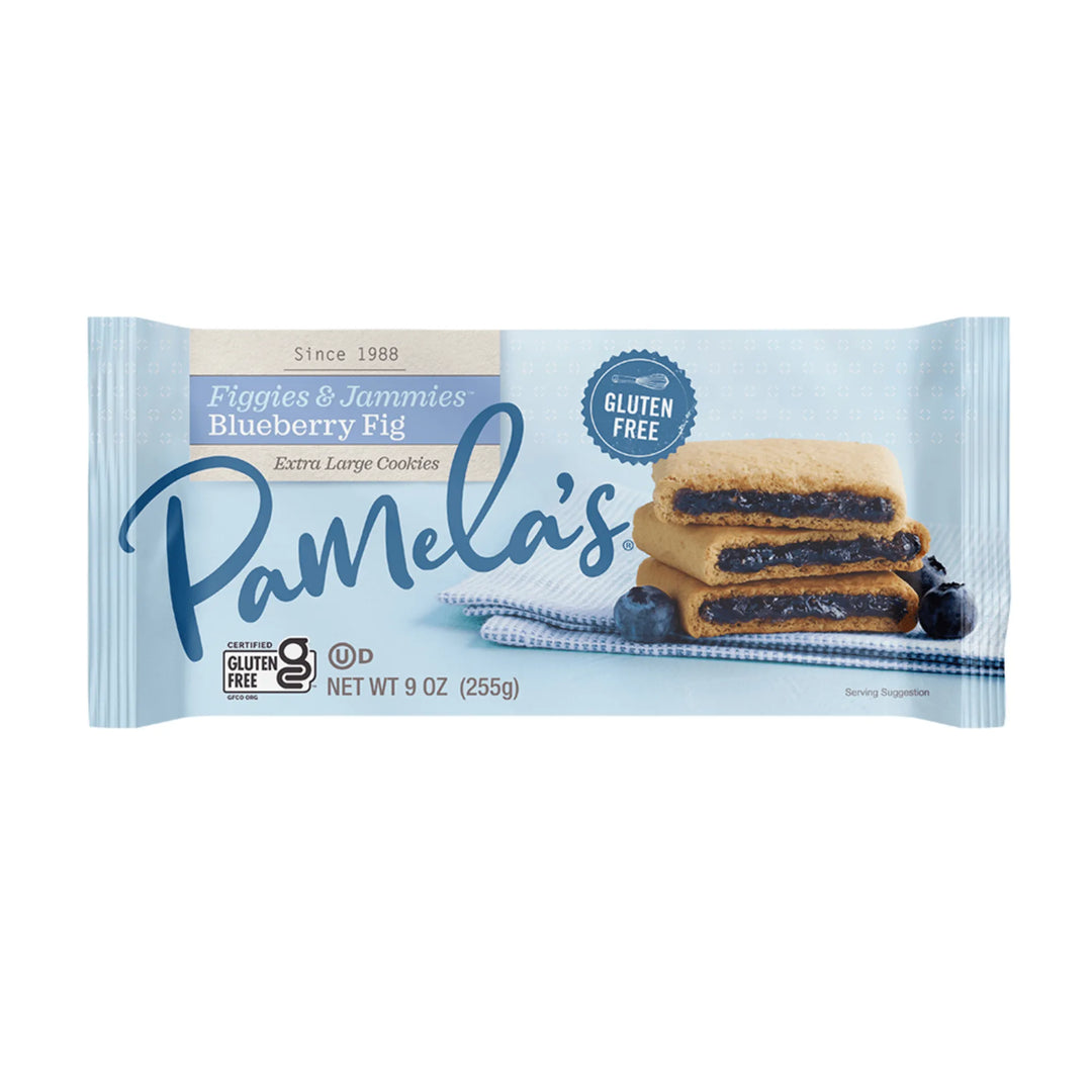 Packaging of Pamela's Blueberry Fig cookies on a white background