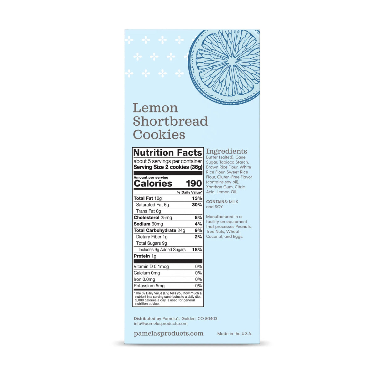 Lemon shortbread cookies packaging with nutrition facts on a light blue background