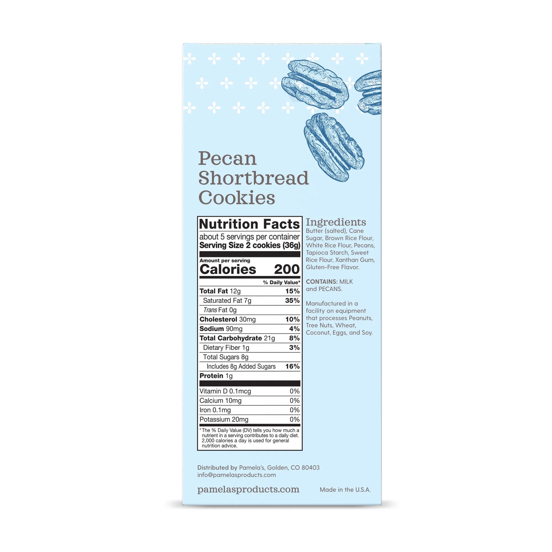 Box of Pecan Shortbread Cookies with nutritional information on a light blue background
