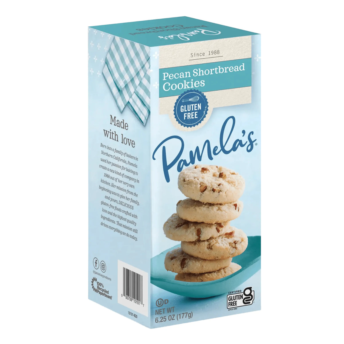 Box of Pamela's Pecan Shortbread Cookies on a white background