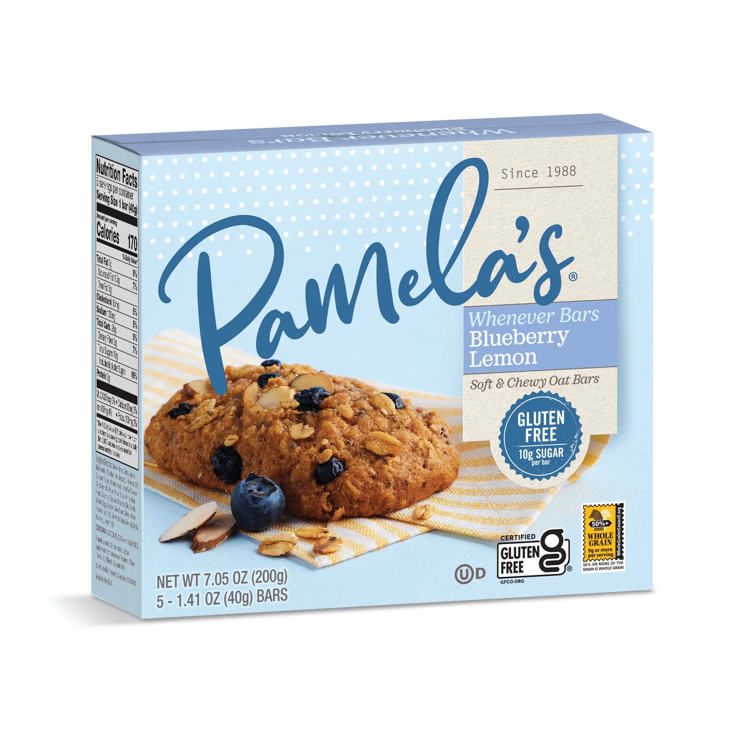 Box of Pamela's Blueberry Lemon oat bars on a white background