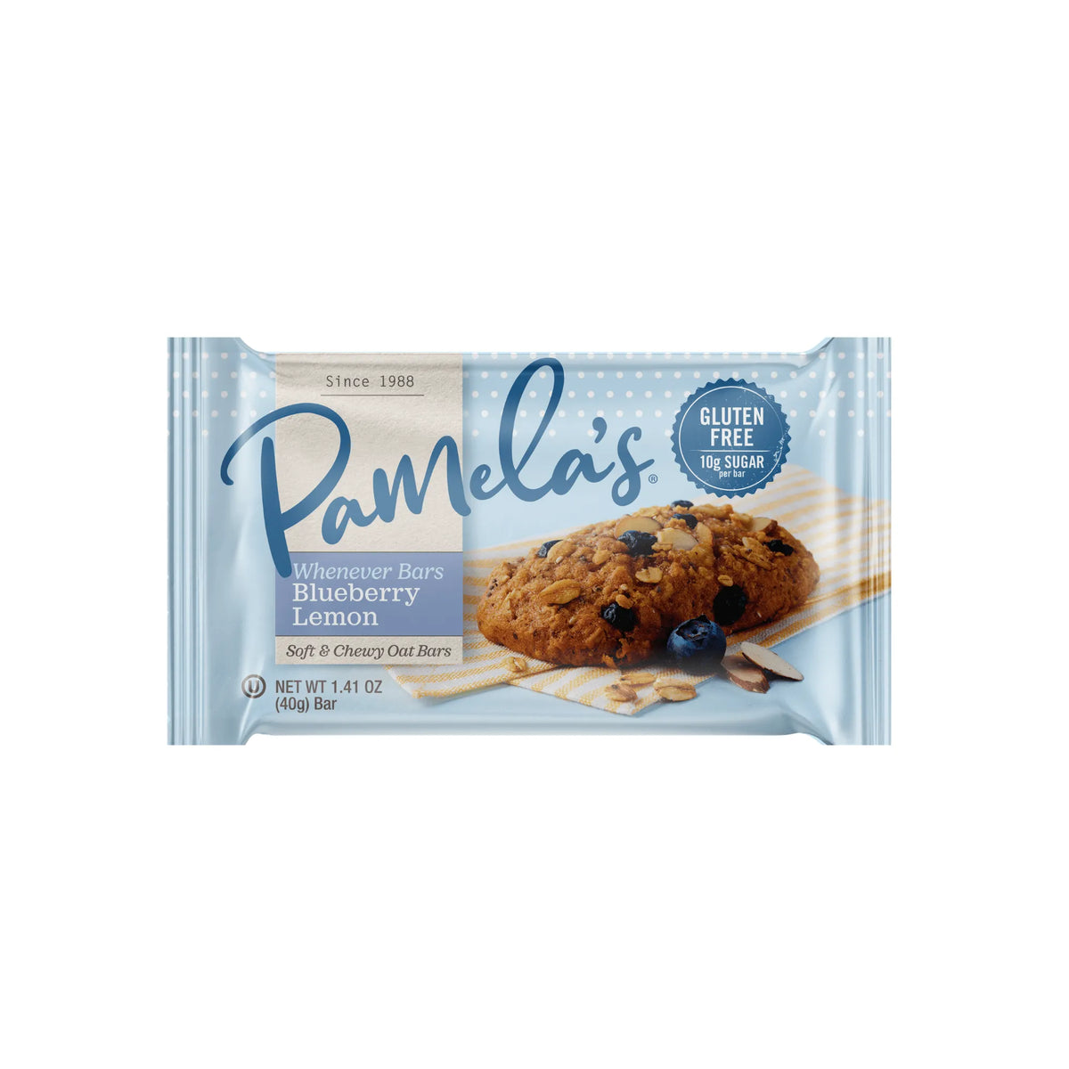Pamela's Blueberry Lemon oat bar packaging on a white background
