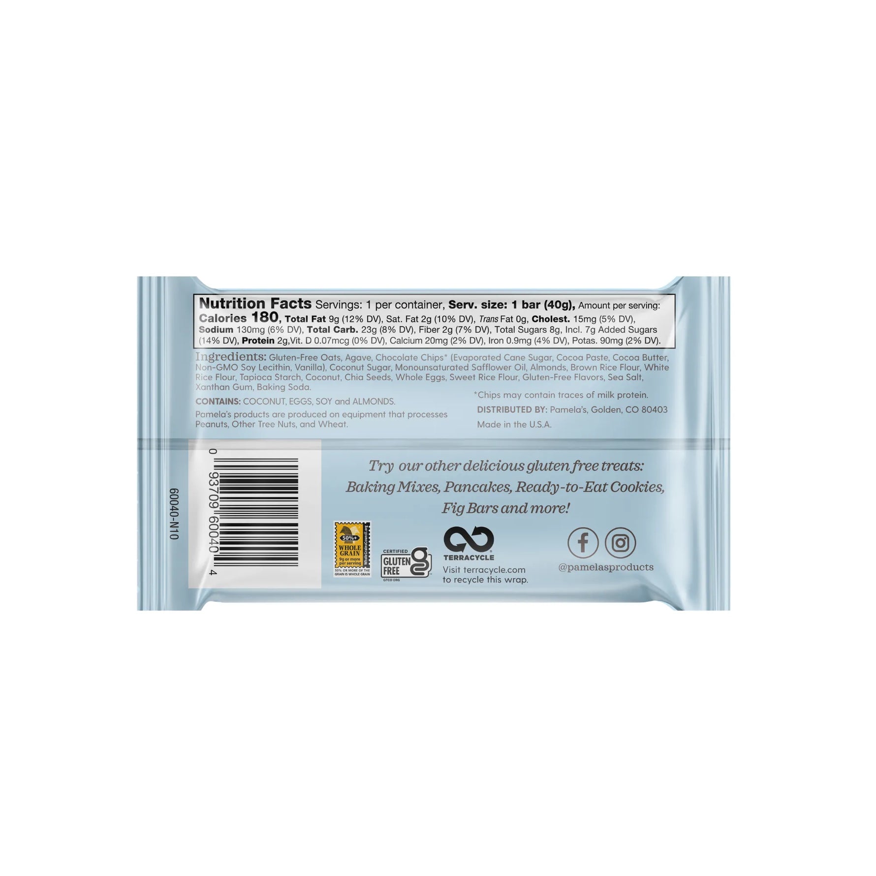 Back of a protein bar packaging with nutrition facts and branding on a white background