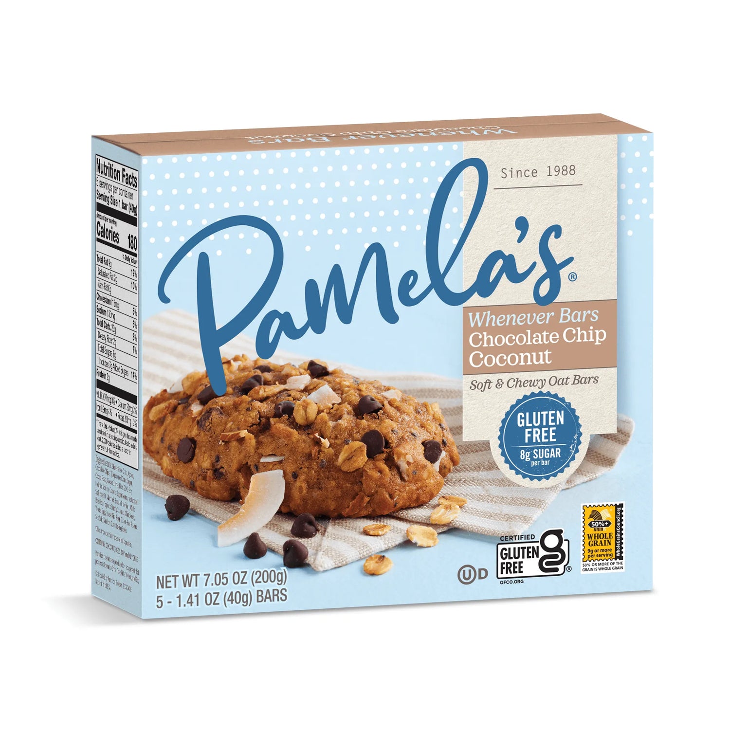 Box of Pamela's Whenever Bars Chocolate Chip Coconut on a white background