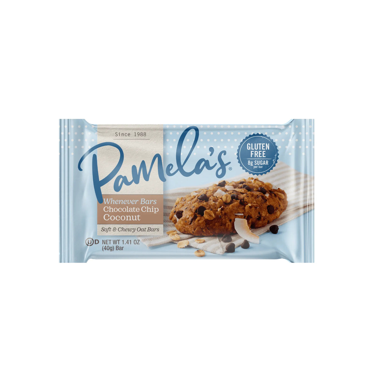 Pamela's Chocolate Chip Coconut bar packaging on a white background