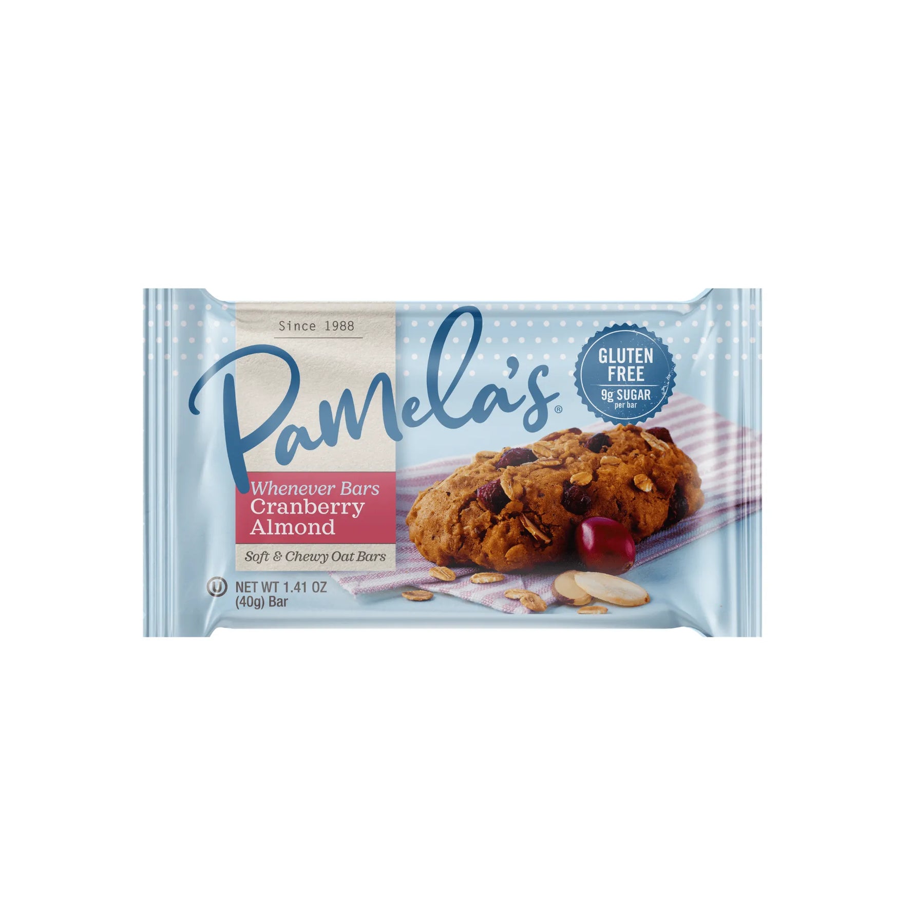 Pamela's Cranberry Almond bar packaging on a white background