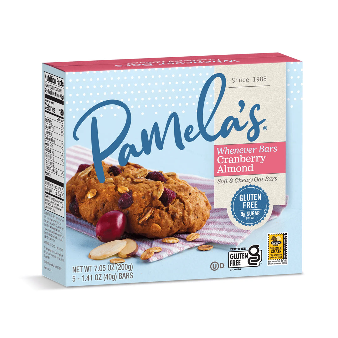 Box of Pamela's Whenever Bars Cranberry Almond on a white background